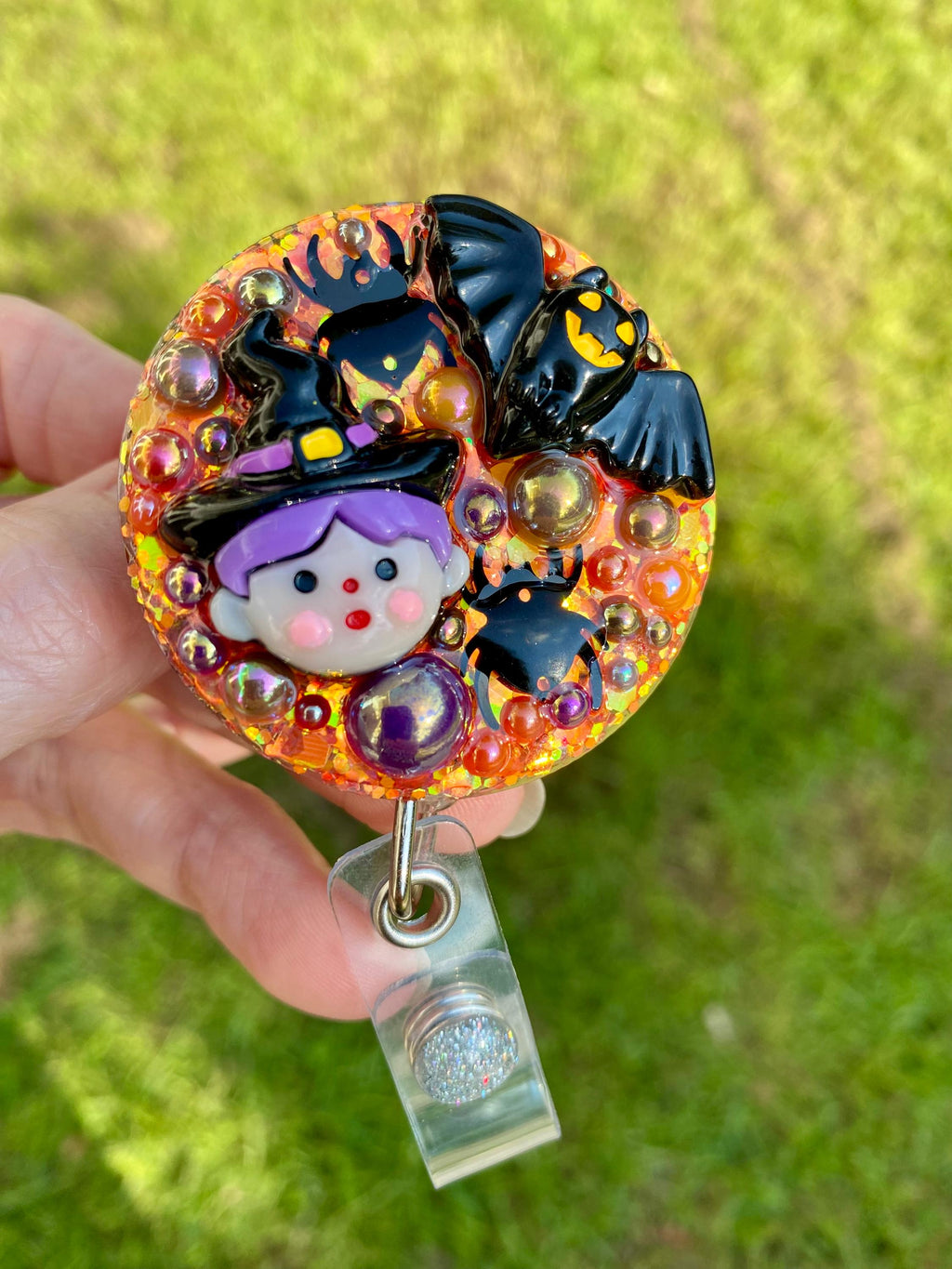 Halloween Witch & Bats Glitter Badge Reel: Interchangeable ID Holder