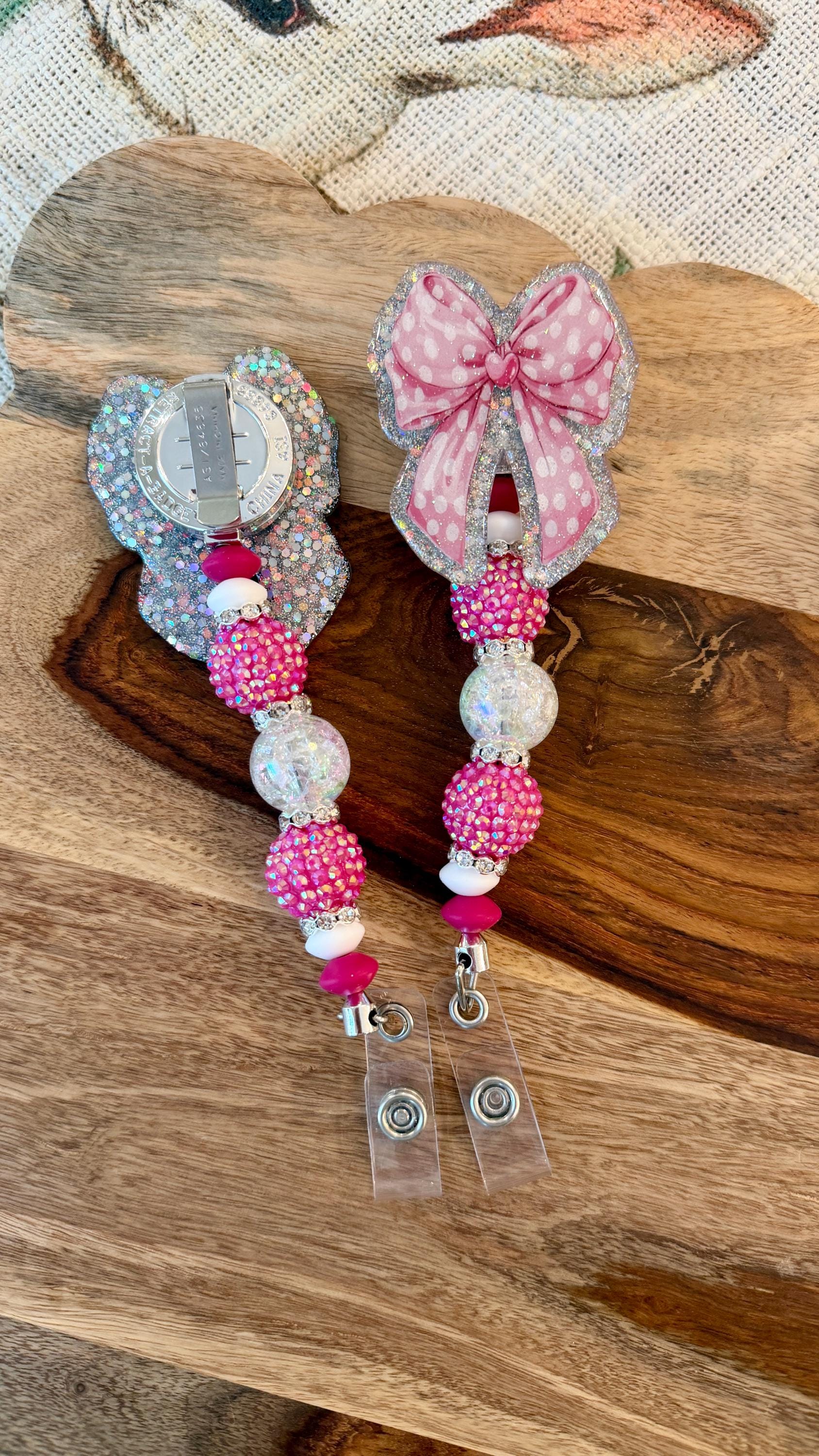 Pink Coquette Bow Badge Reel – Polka Dot Bow with Silver Holographic Background | Interchangeable Topper