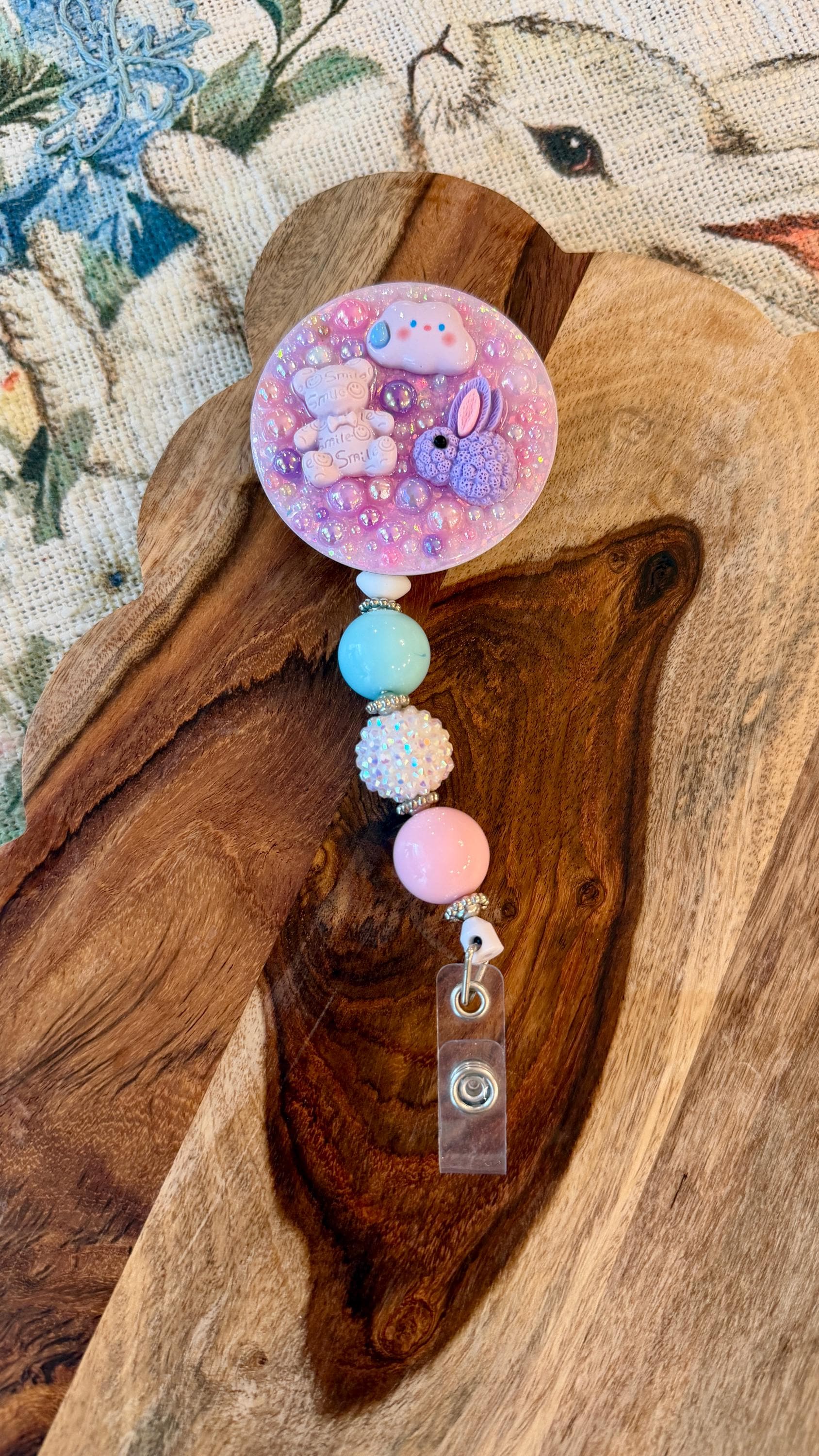Nurse Badge Reel | Bunny, Bear Charms, Pink Glitter Topper