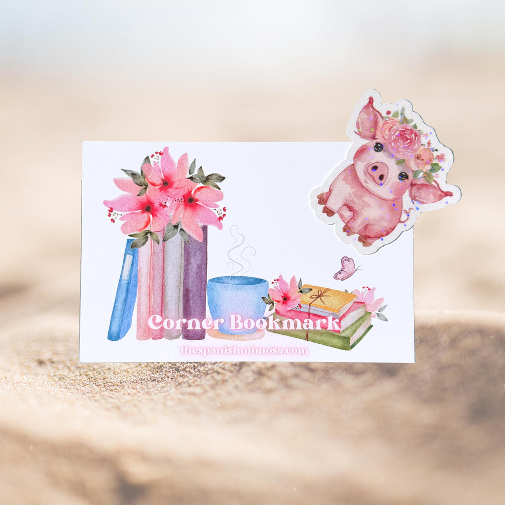 Pink Pig Corner Bookmark, Holographic Kawaii Book Accessory, Animal Lover Gift