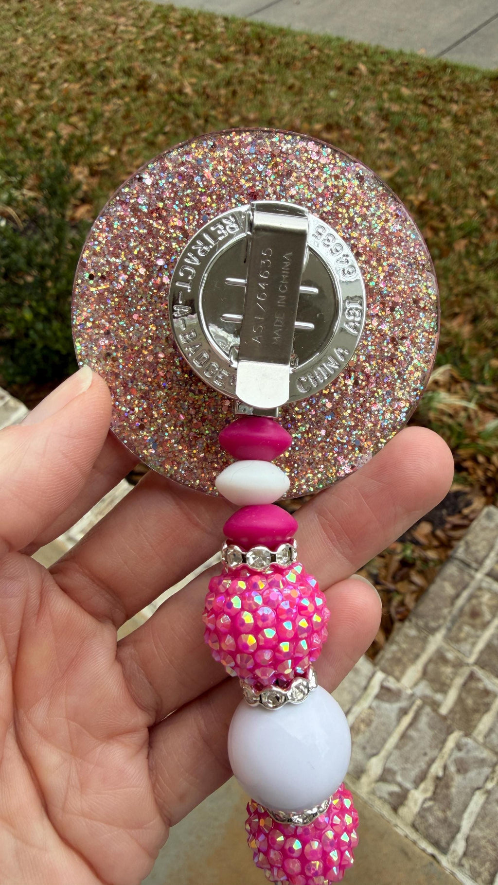 Coquette Raspberry Glitter Badge Reel with Bow – Interchangeable Heavy Duty Retractable ID Holder