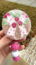 Coquette Raspberry Glitter Badge Reel with Bow – Interchangeable Heavy Duty Retractable ID Holder
