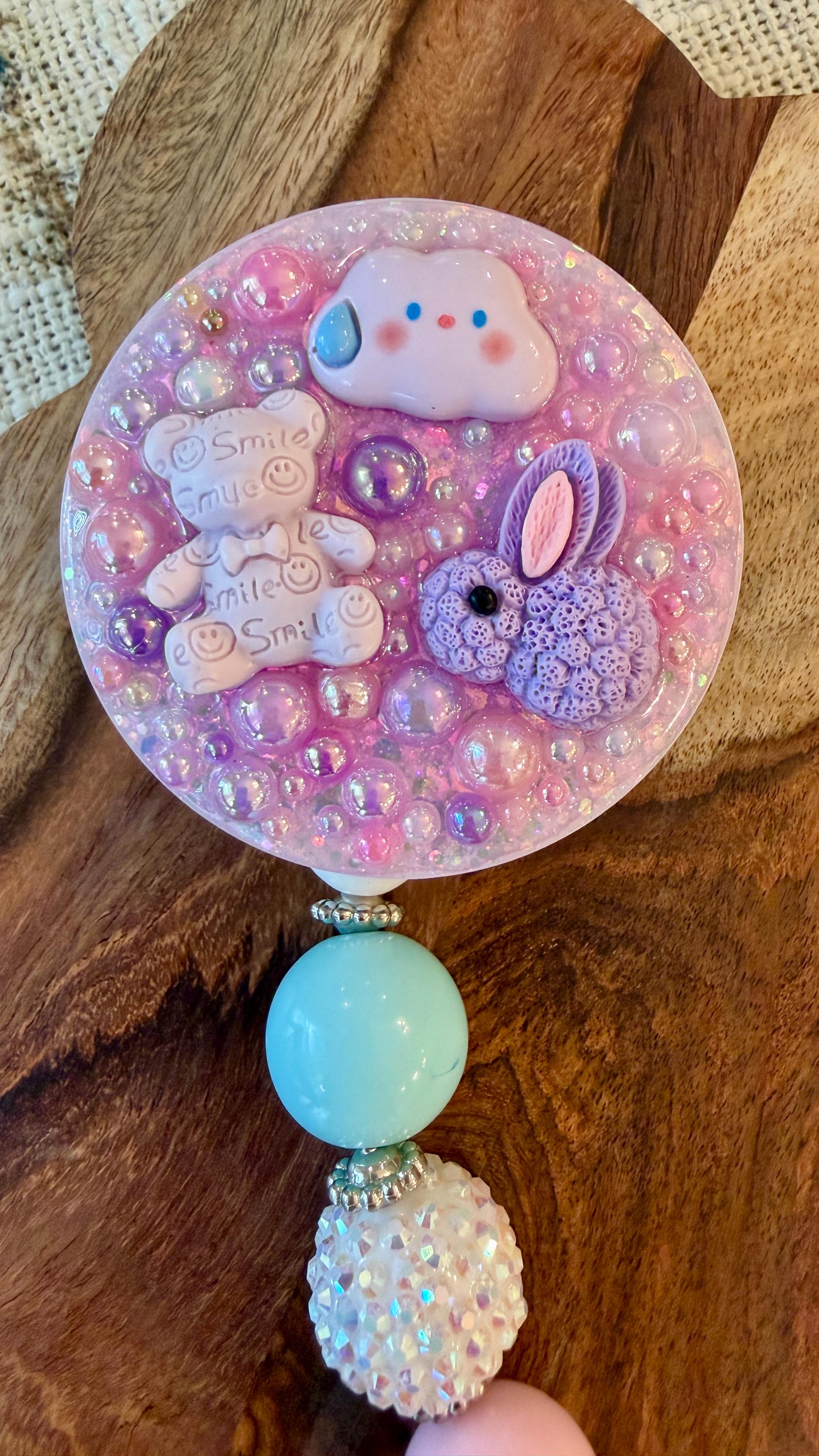 Nurse Badge Reel | Bunny, Bear Charms, Pink Glitter Topper