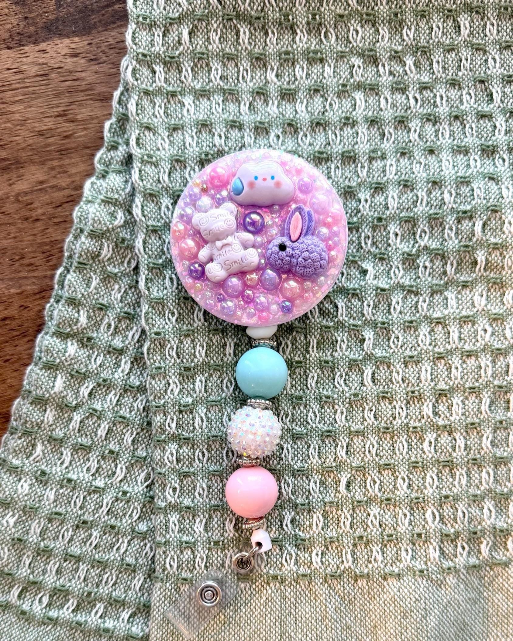 Nurse Badge Reel | Bunny, Bear Charms, Pink Glitter Topper